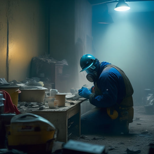 A dimly lit, worn-out room with peeling paint, cracked walls, and a haze of dust and debris; a worker in the background, wearing a respirator mask, amidst renovation chaos.
