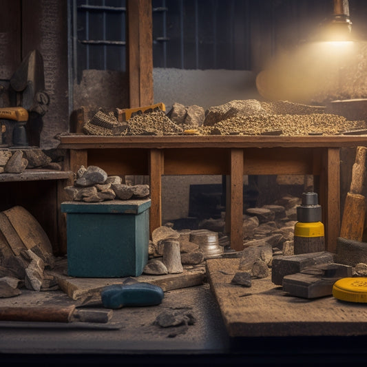 A cluttered workshop background with a variety of DIY block splitting tools scattered around, including a hydraulic splitter, maul, and wedges, with a few split blocks and stones in the foreground.