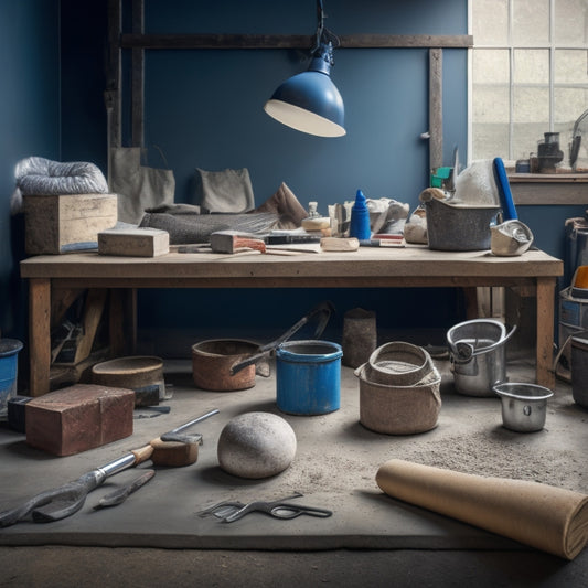 A cluttered workshop table with various concrete finishing tools, including a bull float, edger, trowel, and level, surrounded by concrete mix bags, scattered blueprints, and a few scattered tools.
