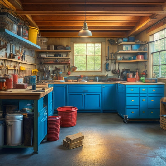 A cluttered garage with old cabinets, rusty tools, and a worn-out floor, transitioning into a renovated space with sleek shelving, a workbench, and a bright epoxy-coated floor.