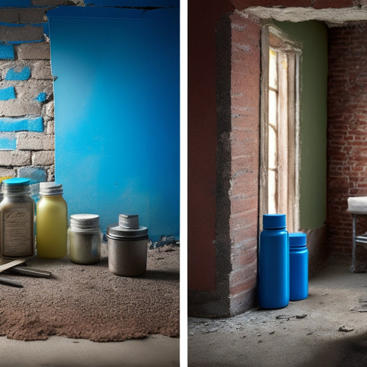 A split-screen image featuring a cracked, worn-out wall on the left, and a rejuvenated, smooth wall on the right, with various bonding agents' packaging and tools scattered around the renovated area.
