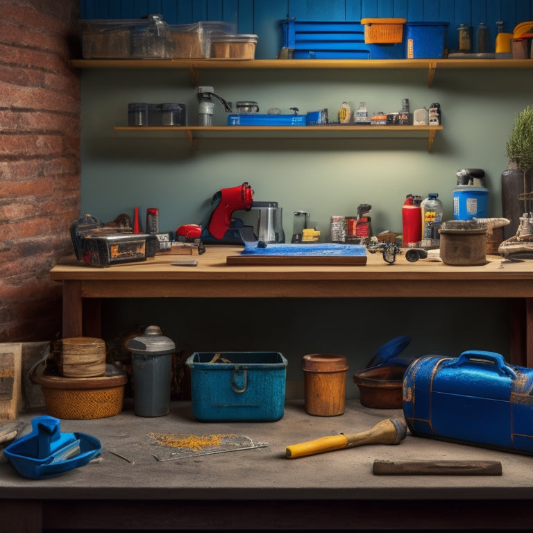 A clean and organized workshop with various patching compounds on a wooden workbench, surrounded by renovated surfaces, tools, and a partially completed wall with a subtle gradient background.