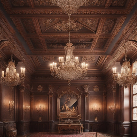 A majestic, vaulted ceiling with ornate plaster moldings, surrounded by soft, warm lighting, and adorned with a stunning crystal chandelier, set against a backdrop of rich, dark wood paneling.