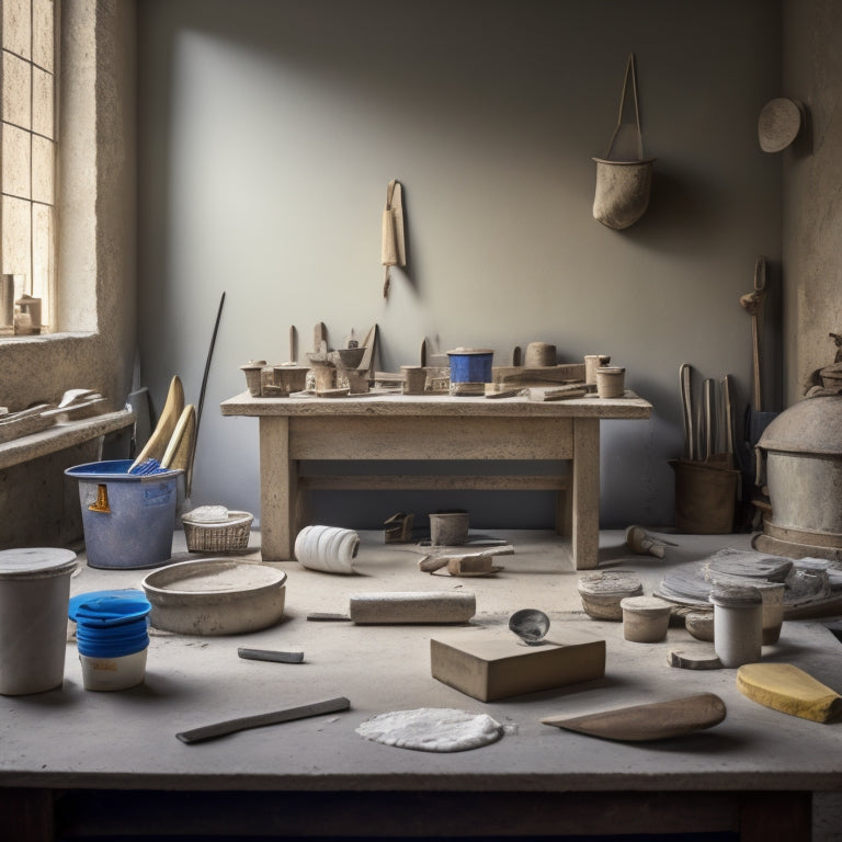 A well-organized workshop table with various plastering edgers of different shapes, sizes, and materials, surrounded by scattered plastering tools, raw plaster, and a partially plastered wall in the background.