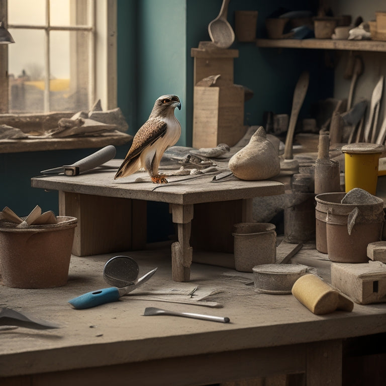 A cluttered workbench with various plaster tools organized in a triangular composition, including a hawk, trowel, joint knife, and putty knife, with a subtle background of a renovation site.