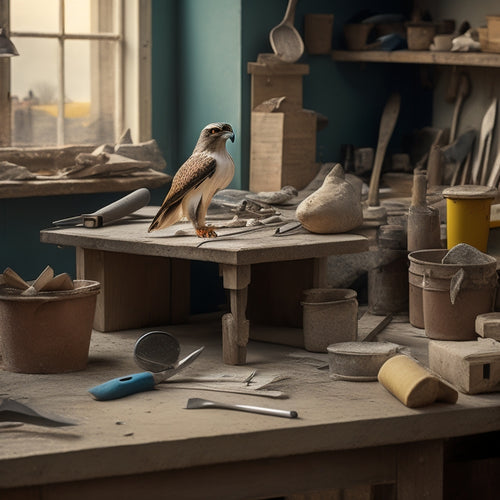 A cluttered workbench with various plaster tools organized in a triangular composition, including a hawk, trowel, joint knife, and putty knife, with a subtle background of a renovation site.