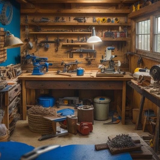 A cluttered but organized DIY workshop with various finishing tools, including a miter saw, sanders, and drill press, surrounded by half-finished woodworking projects and scattered wood shavings.
