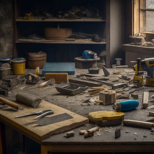 A cluttered workshop table with various block chiseling tools from different brands, such as Bosch, DeWalt, and Makita, scattered amidst wood shavings and half-chiseled concrete blocks.