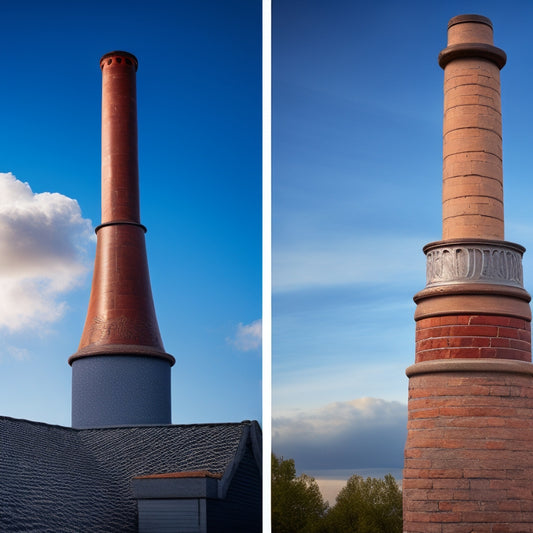 A split-screen image featuring a restored chimney with a warm, earthy-toned sealant on the left and a modern, sleek chimney with a metallic silver sealant on the right, set against a contrasting sky backdrop.