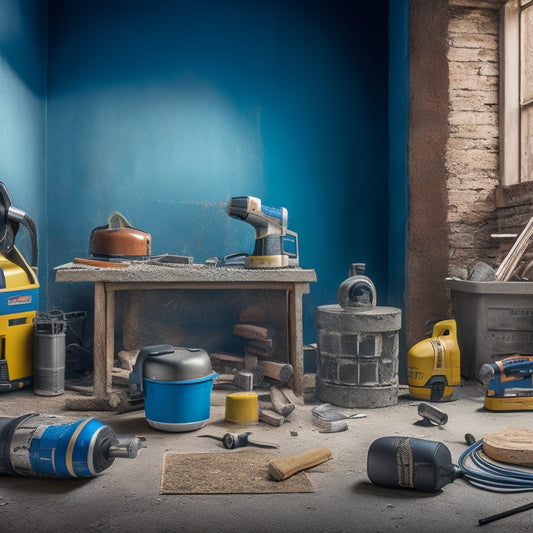 A cluttered home renovation site with a variety of power tools and building materials scattered around, featuring a portable mixer prominently in the center, surrounded by cement, bricks, and a half-built wall.