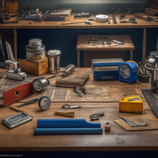 A cluttered workshop table with a variety of measuring tools scattered across it, including a tape measure, level, caliper, stud finder, and laser distance meter, with a faint background of renovation blueprints.