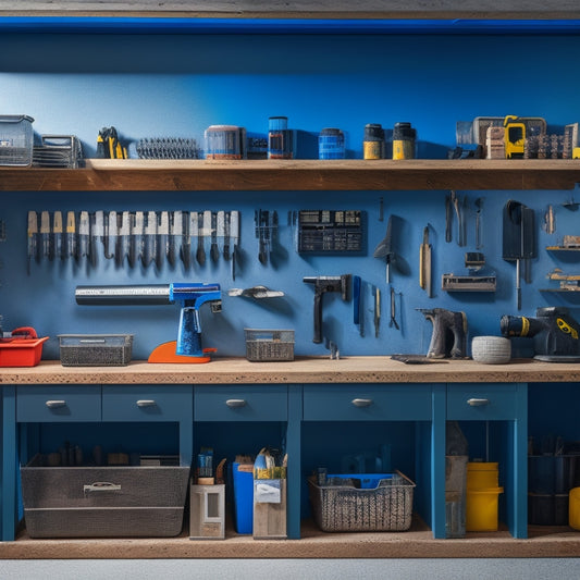 A tidy workshop with a pegboard displaying organized adhesion tools, such as caulk guns, adhesive dispensers, and putty knives, alongside labeled bins and a workbench with a renovation project in progress.