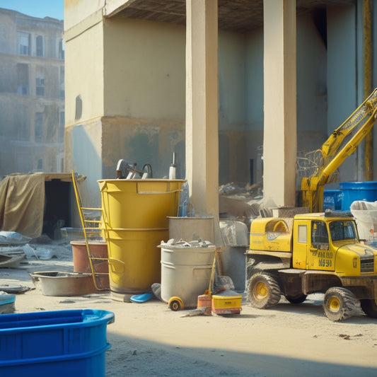 A cluttered construction site with various stucco renovation equipment scattered around, including a stucco mixer, scaffolding, trowels, and buckets, with a blurred background of a building under renovation.