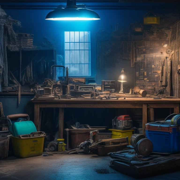 A cluttered, dimly lit garage with scattered tools and broken machinery, surrounded by torn blueprints and crumpled papers, contrasted with a sleek, organized toolbox in the center, filled with shiny new tools and gadgets.