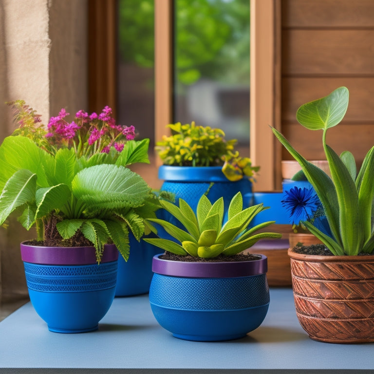 Generate an image showcasing a variety of unique and creatively renovated planters in a stylish home setting, featuring different materials, colors, and designs to inspire home makeovers, without any text or words included.