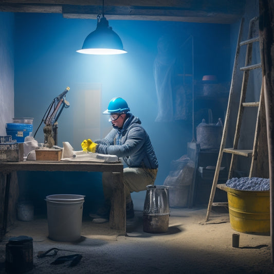 A well-lit workshop with a person wearing a dust mask, safety goggles, and gloves, surrounded by plastering tools, a mixing bucket, and a ladder, with a partially plastered wall in the background.
