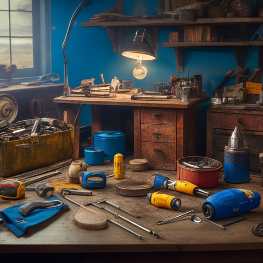A cluttered workshop table with various renovation tools scattered around, including a cordless drill, level, tape measure, pliers, wrench, hammer, and a partially open toolbox in the background.