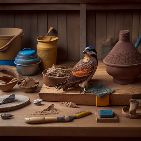 A well-organized workshop with various DIY plastering tools, including a hawk, trowel, putty knife, sanding block, and mixing bucket, arranged on a wooden workbench with a blurred background.