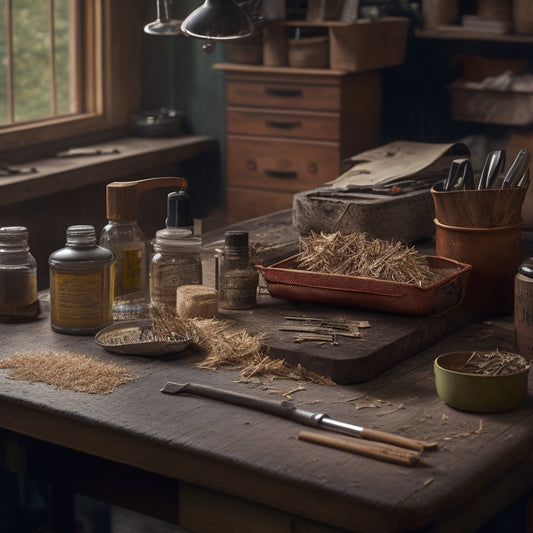 A clutter-free workshop bench with a neatly organized chisel set, a small oil can, and a soft cloth, surrounded by wisps of wood shavings and a few scattered wood chips.