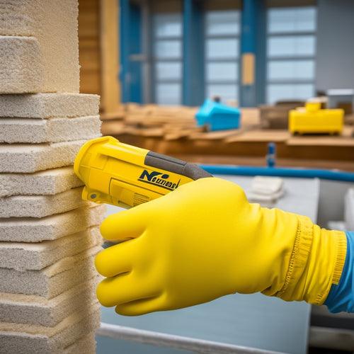 A close-up of a polyurethane foam injection tool in use, with a gloved hand holding it, surrounded by renovation materials like caulk, wire, and drywall scraps, with a blurred background of a construction site.