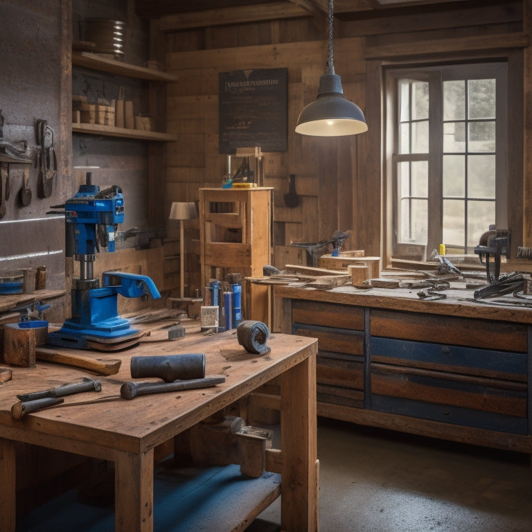 An organized workshop with a drill press, cordless drill, and hammer on a workbench, surrounded by renovation tools and materials, with a partially renovated room in the background.