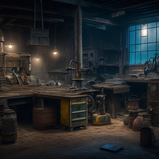 A cluttered, dimly lit salvage yard with rusty toolboxes, vintage drill presses, and scattered power tools, amidst old machinery and forgotten construction equipment, with a faint hint of sawdust in the air.
