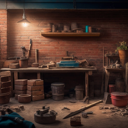 A cluttered workshop with a brick wall backdrop, featuring a variety of tools including a trowel, level, joint raker, and hammer, arranged on a wooden workbench amidst scattered bricks and mortar.