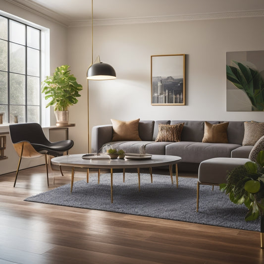 An image of a perfectly renovated modern living room with a spotlight shining on a smooth, glossy hardwood floor, surrounded by sleek furniture and a subtle background of renovation tools.