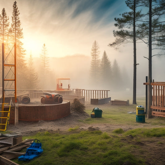 A dramatic, misty morning scene of a backyard renovation site with caution tape, hard hats, and safety vests scattered amidst ladders, scaffolding, and partially built structures, set against a blurred green landscape.
