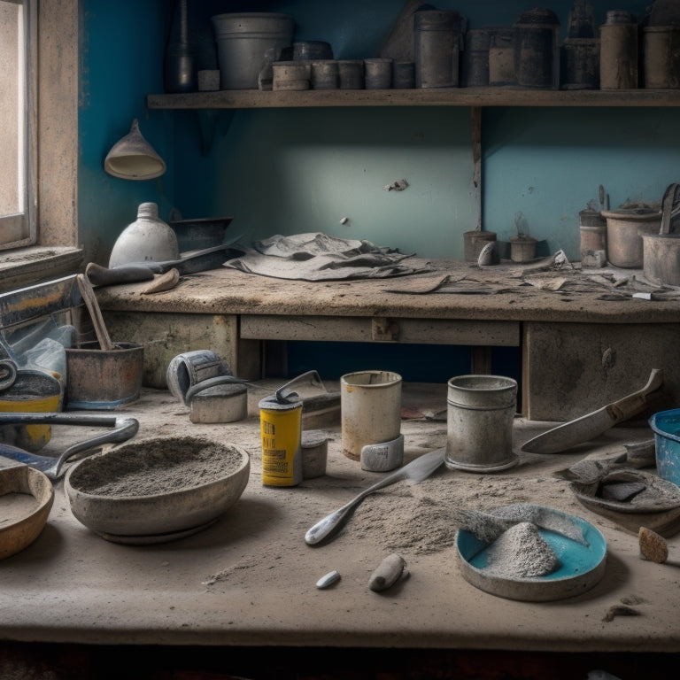 A cluttered workbench with a mix of worn and new heavy-duty plastering tools, including a sturdy trowel, a putty knife, a joint knife, and a bucket of mixed plaster, surrounded by scattered dust and debris.
