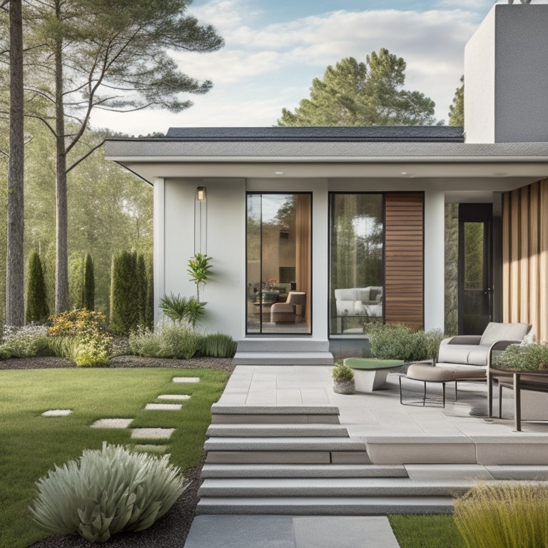 A serene, modern suburban house with a mix of exterior wall coverings, including horizontal wooden planks, white stucco, and large, grey stone tiles, surrounded by lush greenery and a few outdoor furniture pieces.