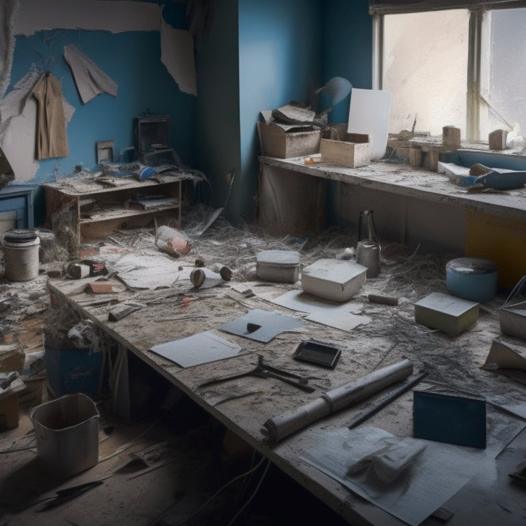 A messy room with torn-out drywall, exposed wiring, and scattered renovation tools, surrounded by measuring tapes, calculators, and blueprints, with a faint outline of a renovated room in the background.