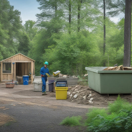 A serene, clutter-free construction site with a reusable materials bin, a recycling symbol on a dumpster, and a worker in the background sorting materials, surrounded by lush greenery and a renovated home in progress.