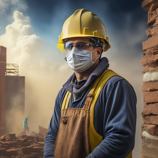An image depicting a bricklayer wearing a hard hat, safety goggles, and a dust mask, standing on a scaffolding amidst a cloud of dust and debris, with a partly demolished brick wall in the background.