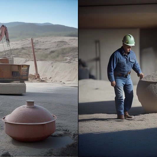 A split-screen image: a crumbling, cracked concrete foundation on the left, and a sturdy, smooth foundation with a mixer and construction hats in the background on the right.
