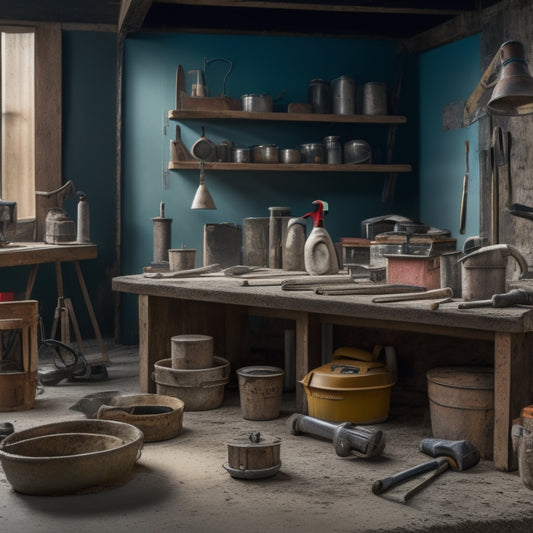 A cluttered workshop background with a variety of concrete tools and equipment scattered around, including a trowel, level, mixer, and edger, with a checklist clipboard in the center.