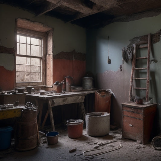 A dimly lit, old room with peeling paint and cracked plaster walls, revealing hidden structural damage, water stains, and old pipes, with a ladder and toolbox in the foreground.