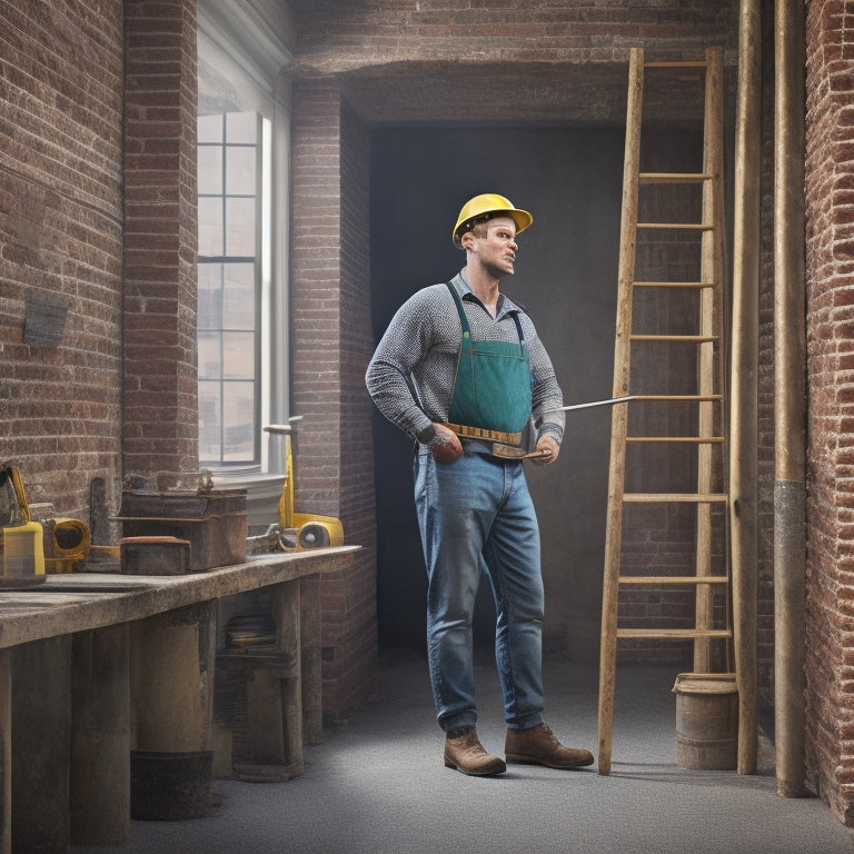 An illustration of a person standing on a ladder, wearing a hard hat and holding a hammer, with a level and toolbox nearby, amidst a renovation scene with exposed brick and pipes.