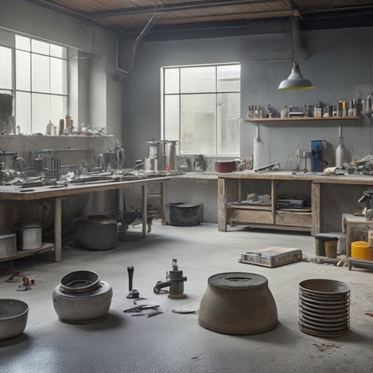 A cluttered workshop with a concrete floor, surrounded by various polishing tools: grinders, sanders, and polishers, with concrete dust and scraps scattered around, and a few half-polished concrete slabs in the background.