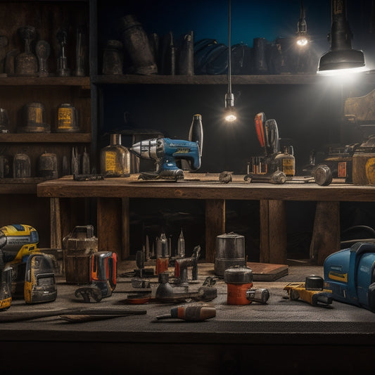 A well-lit workshop background with a variety of high-end drilling tools and equipment, including cordless drills, impact drivers, and rotary hammers, arranged neatly on a wooden workbench.