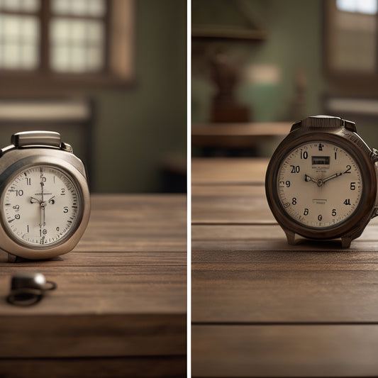 A split-screen image featuring a stopwatch or timer on a dusty, worn wooden table against a blurred background of a half-painted room, contrasted with a pristine, fully renovated space.