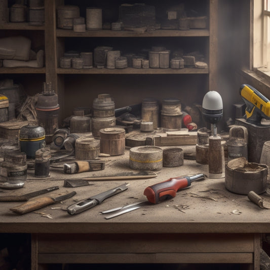 A cluttered workbench with various finishing tools, including a cordless drill, tape measure, level, putty knife, and sandpaper, surrounded by half-finished renovation projects and scattered wood shavings.
