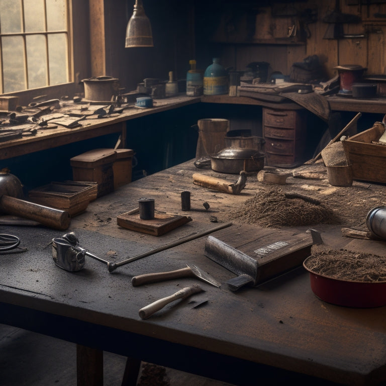 A cluttered workshop table with various joint raking tools scattered across it, including a joint raker, scraper, and chisel, surrounded by worn wooden planks and scattered dust particles.