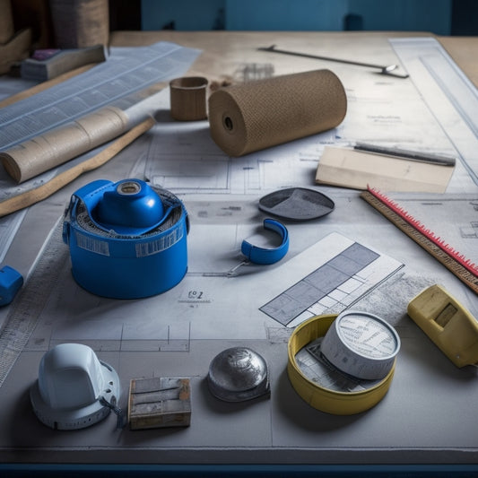 A blueprint of a room with measurement markings, a bucket of plaster, and a calculator with a tape measure coiled around it, surrounded by scattered construction tools and materials.