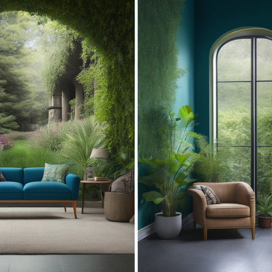 A before-and-after split-screen image of a living room wall, with a dull, peeling paint finish on one side and a vibrant, eco-friendly coated wall on the other, surrounded by lush greenery.