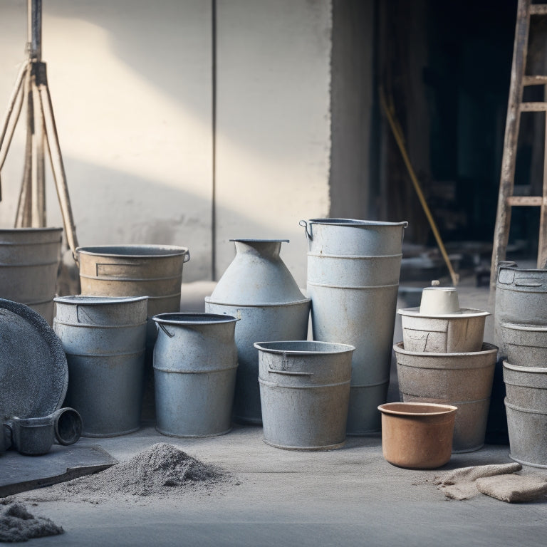 A photograph of a variety of cement buckets in different sizes, stacked and arranged on a dusty, worn wooden workbench, with scattered tools and a blurred construction site background.