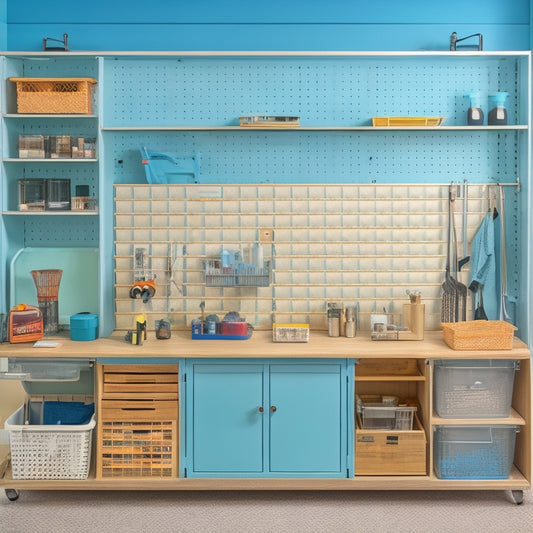 A clutter-free workshop with a pegboard adorned with neatly hung tools, a labeled storage bin, and a rolling cabinet with drawers, set against a clean, light-gray background.