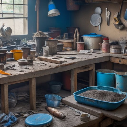 A cluttered workbench with various plastering trowels of different materials (aluminum, stainless steel, and plastic) and sizes, surrounded by scattered plaster patches, dusty buckets, and worn gloves.