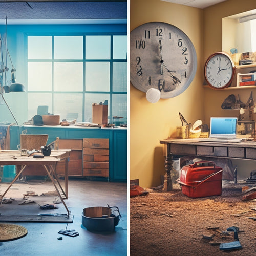 A split-screen image: a messy room with construction tools and debris on the left, transitioning to a stylish, modern space on the right, with a subtle calendar or clock in the background.