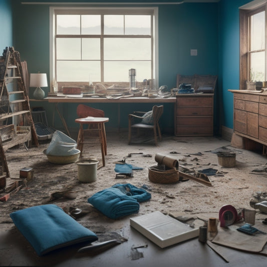 A messy living room with torn-out flooring, exposed walls, and scattered tools, transitioning into a clean and organized space with a calendar and toolbox in the foreground.